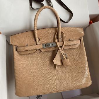 Hermes Retourne Handmade Birkin Bag 25 In Beige Lizard Leather