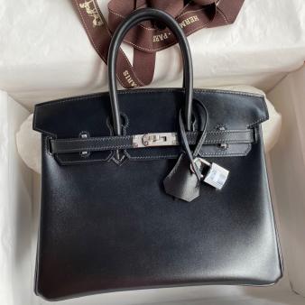 Hermes Retourne Handmade Birkin Bag 25 In Black Box Calfskin