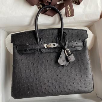 Hermes Retourne Handmade Birkin Bag 25 In Black Ostrich Leather