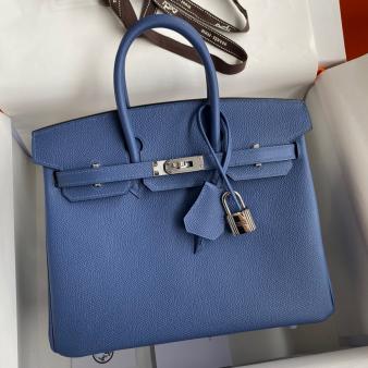 Hermes Retourne Handmade Birkin Bag 25 In Blue Agate Epsom Calfskin