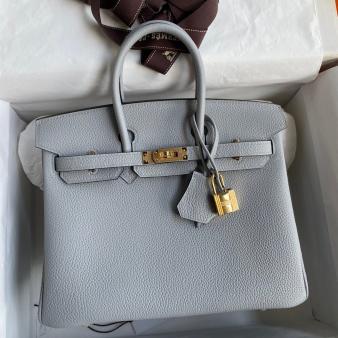 Hermes Retourne Handmade Birkin Bag 25 In Blue Glacier Clemence Leather