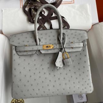 Hermes Retourne Handmade Birkin Bag 25 In Blue Glacier Ostrich Leather