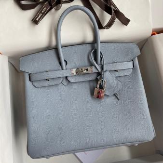 Hermes Retourne Handmade Birkin Bag 25 In Blue Lin Epsom Calfskin