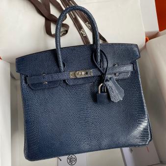 Hermes Retourne Handmade Birkin Bag 25 In Blue Saphir Lizard Leather