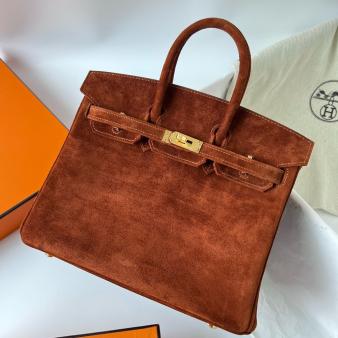 Hermes Retourne Handmade Birkin Bag 25 In Brown Doblis Suede Leather