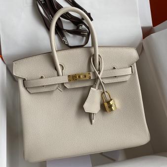 Hermes Retourne Handmade Birkin Bag 25 In Craie Epsom Calfskin