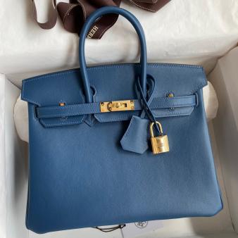 Hermes Retourne Handmade Birkin Bag 25 In Deep Blue Swift Calfskin