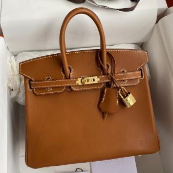 Hermes Retourne Handmade Birkin Bag 25 In Gold Barenia Calfskin