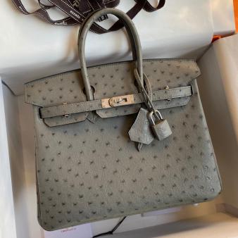 Hermes Retourne Handmade Birkin Bag 25 In Gris Tourterelle Ostrich Leather