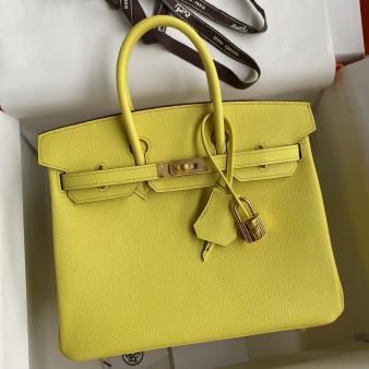 Hermes Retourne Handmade Birkin Bag 25 In Lime Epsom Calfskin