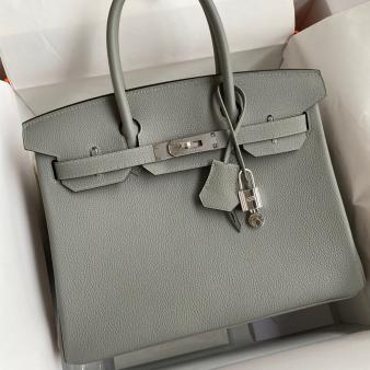 Hermes Retourne Handmade Birkin Bag 30 In Gris Mouette Clemence Leather