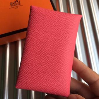 Hermes Rose Azalee Epsom Leather Calvi Card Holder