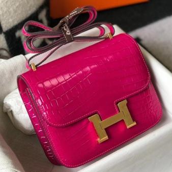 Hermes Rose Red Embossed Crocodile Constance 18 Handmade Bag