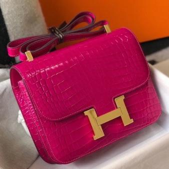 Hermes Rose Red Embossed Crocodile Constance 24cm Bag