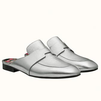 Hermes Silver Metallic Calfskin Catena Mules