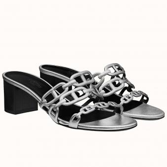 Hermes Silver Metallic Calfskin Tandem Sandals