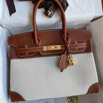 Hermes Swift Leather & Toile Birkin 30 Handmade Bag In Gold