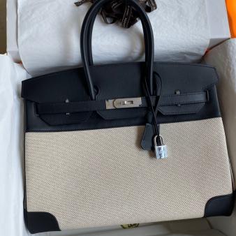 Hermes Swift Leather & Toile Birkin 35 Handmade Bag In Black