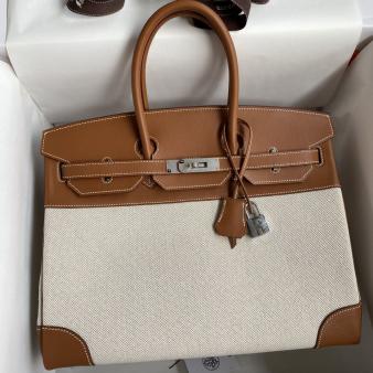 Hermes Swift Leather & Toile Birkin 35 Handmade Bag In Gold