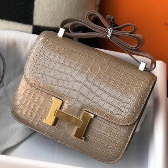 Hermes Taupe Embossed Crocodile Constance 18 Handmade Bag