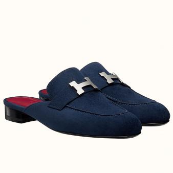 Hermes Trocadero Mules in Blue Suede