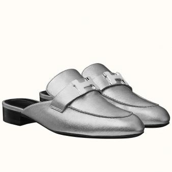 Hermes Trocadero Mules in Silver Nappa Leather