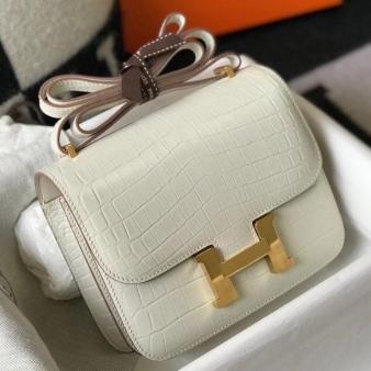 Hermes White Embossed Crocodile Constance 18 Handmade Bag