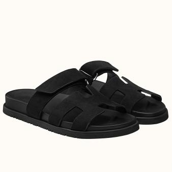 Hermes Women's Chypre Sandals in Black Suede Calfskin