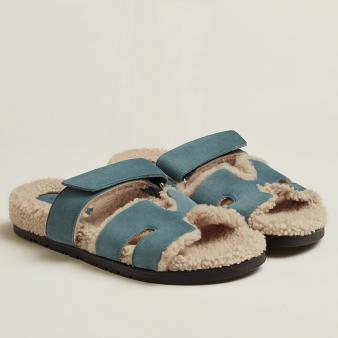 Hermes Women's Chypre Sandals in Blue Suede with Shearling