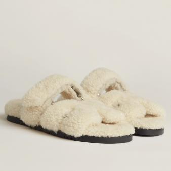 Hermes Women's Chypre Sandals in Off White Shearling