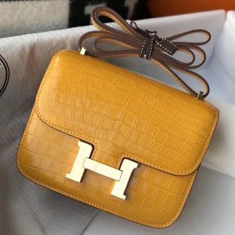 Hermes Yellow Embossed Crocodile Constance 18 Handmade Bag