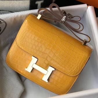 Hermes Yellow Embossed Crocodile Constance 24cm Bag