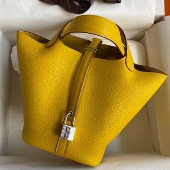 Jaune Ambre Clemence Leather Hermes Picotin Lock 18 Handmade Bag