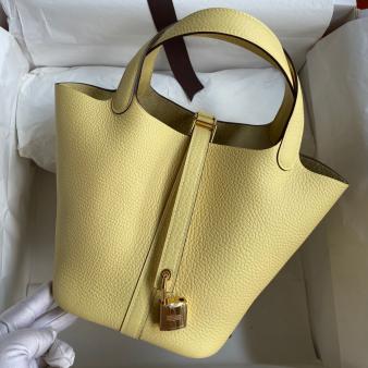 Jaune Poussin Clemence Leather Hermes Picotin Lock 18 Handmade Bag