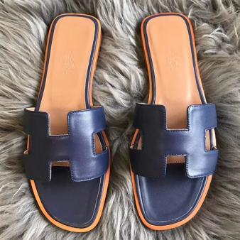 Navy Swift Leather Hermes Oran Sandals