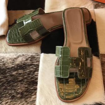 Olive Shiny Niloticus Crocodile Hermes Oran Sandals