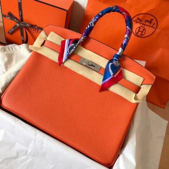 Orange Clemence Leather Hermes Birkin 35 Handmade Bag