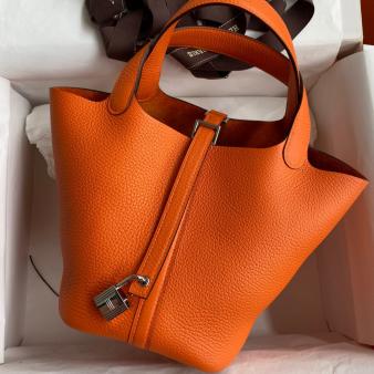 Orange Clemence Leather Hermes Picotin Lock 18 Handmade Bag