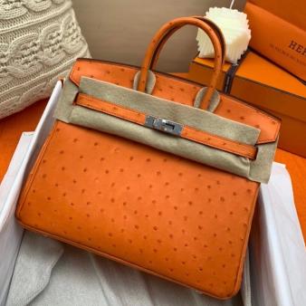 Orange Ostrich Leather Hermes Birkin 25 Handmade Bag