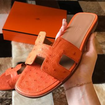 Orange Ostrich Leather Hermes Oran Slide Sandals