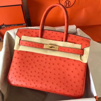 Orange Ostrich Skin Hermes Birkin 30 Handmade Bag