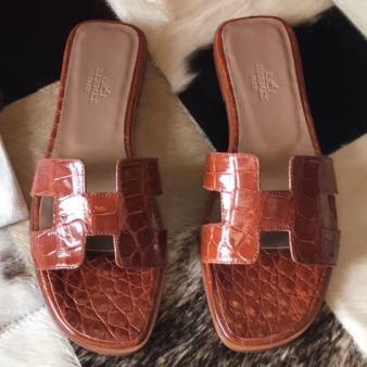 Orange Shiny Niloticus Crocodile Hermes Oran Sandals