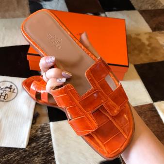 Orange Shiny Niloticus Crocodile Skin Hermes Oran Slide Sandals