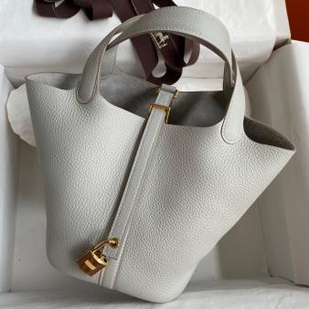 Pearl Grey Clemence Leather Hermes Picotin Lock 18 Handmade Bag