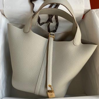 Pearl Grey Clemence Leather Hermes Picotin Lock 22 Handmade Bag