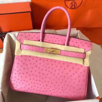 Pink Ostrich Skin Hermes Birkin 30 Handmade Bag