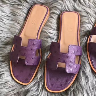 Purple Ostrich Leather Hermes Oran Sandals