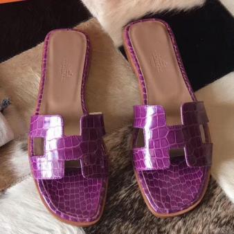 Purple Shiny Niloticus Crocodile Hermes Oran Sandals