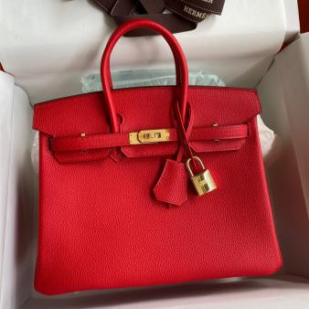 Red Clemence Leather Hermes Birkin 25 Handmade Bag