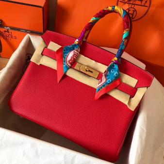 Red Clemence Leather Hermes Birkin 30 Handmade Bag